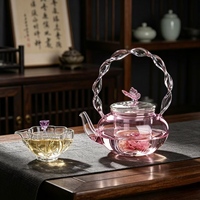 Bouilloire en verre borosilicate torsadé rose, design papillon, épaissie, ensemble théière et bouilloire 700 ml, best-seller
