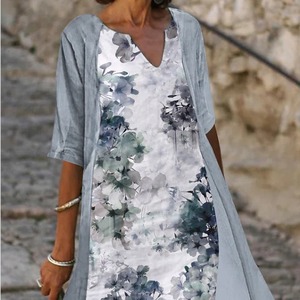 Robe midi ample en lin imprimé, col en V, motif floral, respirante, tenue décontractée - Product Image 2