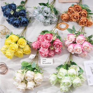 ช่อดอกกุหลาบเทียม 9 หัว สัมผัสเหมือนจริง สำหรับตกแต่งงานแต่งงานและบ้าน - Product Image 1