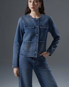 Ensemble de costume en denim délavé foncé personnalisé pour femmes Ensemble deux pièces élégant OEM ODM Logo personnalisé + motif + étiquettes + couleurs - Product Image 4