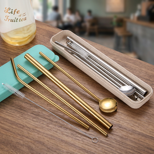 Metal <b>Drinking</b> <b>Straws</b> Set 5Pcs Reusable Cocktail Bar Accessories Minimalist Style Gold Tone - Product Image 5