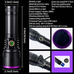 <span class=keywords><strong>365</strong></span> एनएम उव फ्लैशलाइट 20w शक्तिशाली उव काले प्रकाश का उपयोग रिचार्जेबल रेसिन कठोर पराबैंगनी प्रकाश - Product Image 3