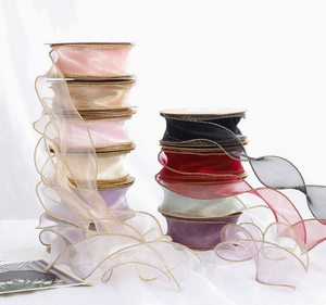Ruban cadeau 40 mm en organza ondulé, <span class=keywords><strong>fil</strong></span> de soie enroulé, <span class=keywords><strong>fil</strong></span> de queue de poisson, bord doré, pour nœuds de boîte cadeau faits main, Saint-Valentin - Product Image 1