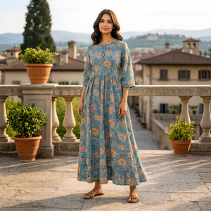 Vestido Largo Bohemio con Estampado Floral, Cuello Alto, Manga Larga, Fruncido, Maxi, Algodón Sostenible de Alta Calidad, Cintura Natural, Formal para Mujer - Product Image 1