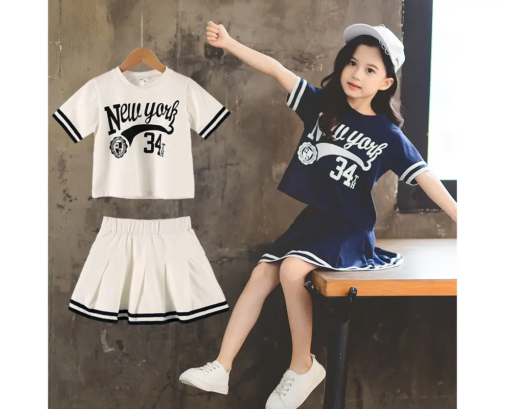 Summer casual sports skirt 2 piece suit baby letter printing black kid baby girls' clothing sets