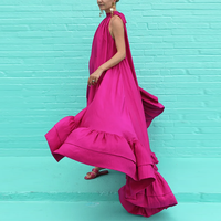 Robes maxi pour femmes, douces, d'automne, écologiques, taille naturelle, teintes unies, sans manches, à volants, couleur unie, col montant