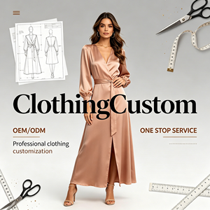 Produttore OEM ODM di Abiti Lunghi <span class=keywords><strong>da</strong></span> Donna in Raso con Design Personalizzato, Maniche Lunghe, Scollo a V, Cintura, Eleganti e <span class=keywords><strong>Casual</strong></span> per Serate - Product Image 1