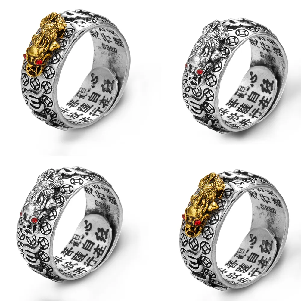 Feng Shui Pixiu Drachen ring Vintage Silber für Frauen Männer Gravur Reichtum Viel Glück Geld Zeichnung Fingerring Legierung Frieden Zirkon