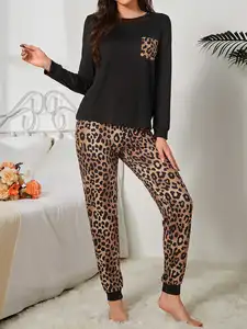 Roupa de pijama feminina de manga longa para casa, roupa de dormir de duas peças com estampa de leopardo, roupa de primavera e verão