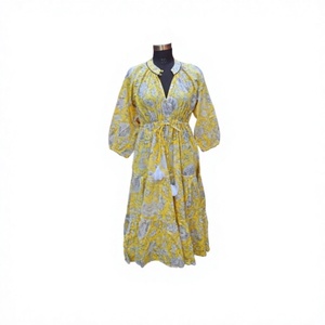 Vestido Midi Himanshi Hecho a Mano 100% Algodón, Tendencia en Moda, para Mujer, Cómodo, para Fiestas de Verano, Estampado Floral Natural, Diseño Informal, India - Product Image 1