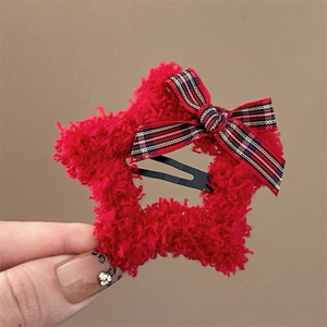 New Year's Red plush star hairpin <b>bow</b> bangs BB <b>clip</b> side broken hairpin hairpin Christmas headdress hair accessories - Product Image 4