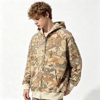Hoodie Zip Up Heavyweight Vintage Wash Desert Camo Patchwork Distressed Streetwear Retro Fashion Brand Pakaian Grosir