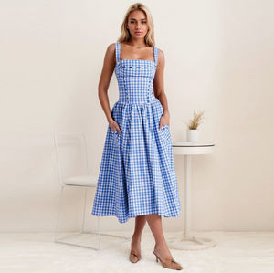 Abito personalizzato donna elegante Mahroon collo quadrato retrò stile Casual a scacchi estivi per la <span class=keywords><strong>sera</strong></span> di San Valentino - Product Image 1