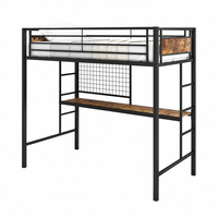 Lit superposé avec bureau et panneau grillagé, surface imitation bois, structure en acier pour chambre d'enfant, espace d'étude, adolescents