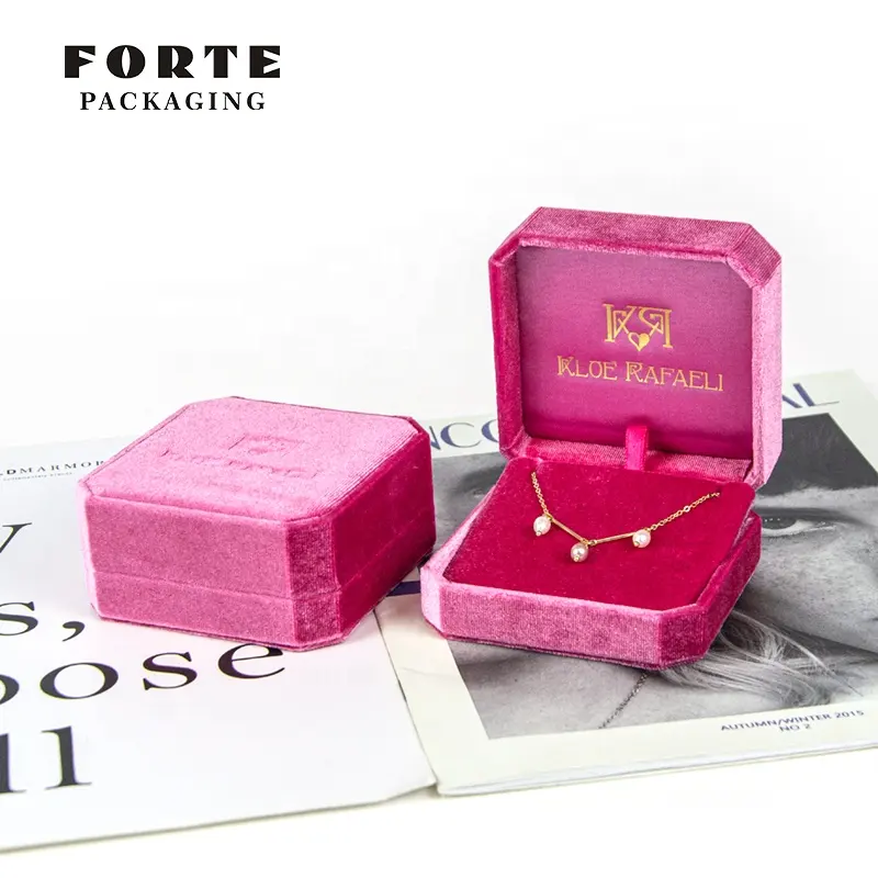FORTE super settembre rosa ottagono tessuto personalizzato ciondolo in pelle scamosciata confezione di gioielli scatola di anelli di velluto con logo
