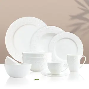 elegant porcelain dinner set white Sakura embossed stock Sustainable bon china dinner set for restaurant