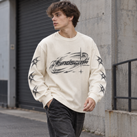 Nouvelle Arrivée T-shirt Homme en Maille Gaufrée à Manches Longues Col Rond Imprimé Sérigraphié Épaules Tombantes Style Décontracté Streetwear