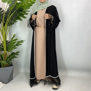 Trendy Black Open Abaya with <b>Lace</b> Sleeves Hem and <b>White</b> Contrast Edging Breathable Modest Dress for Summer 1466# - Product Image 3