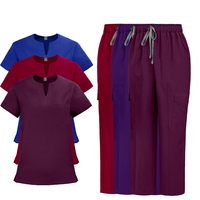 Tenue d'infirmière pour femme, bordeaux, col rond, tissu sergé, multi-poches, infroissable, mélange haute teneur en élasthanne/polyester, pour hôpital