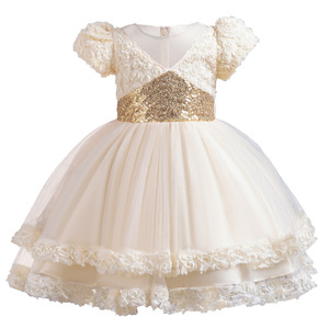 Girls Princess Dress Short Sleeve Sequined Mesh Birthday Party Costume Pink Tulle Skirt With Rose Trim - Product Image 4