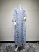 Robe Abaya Traditionnelle Musulmane à Col Montant et Manches Longues en Maille, Imprimé Ethnique, Ornée de Strass pour Femme