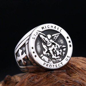 yunnique St Michael Angel Wings Cross <b>Titanium</b> Steel <b>Ring</b> Men's Fashion Jewelry Gift - Product Image 1