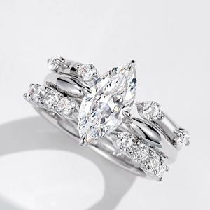 Anillo de Lujo Tres en Uno con Corte Marquesa y Circonita Cúbica Brillante Plateada, Conjunto de Anillos Apilables para Mujer, Compromiso Nupcial, ¡Gran Oferta! - Product Image 6