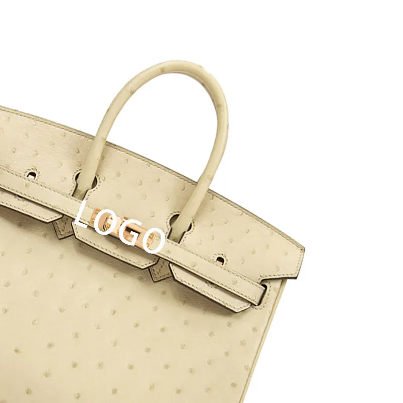 Bolsa casual de pele de avestruz de luxo artesanal feminina clássica importada logotipo personalizado com fecho de ferrolho