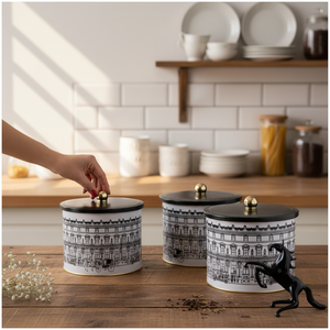 Kontensan Round <b>Metal</b> <b>Tin</b> Canister Set Dia 175 mm (3Pcs) Vintage Cityscapes Illustration - Product Image 3
