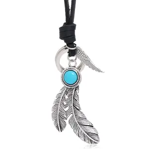 Vintage fashion Black Leather Necklace feather Pendant necklace jewelry