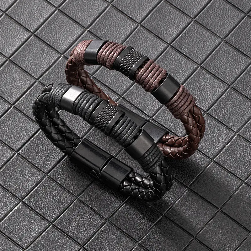 men's hand-woven pu bracelet fashion jewelry magnet buckle leather bracelet double design DIY wholesale