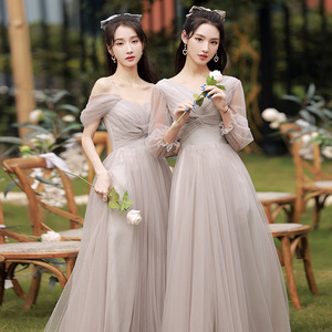Grey Bridesmaid Dress A-Line Tulle Sweetheart Neckline Long Wedding Sister Dress For Women - Product Image 3