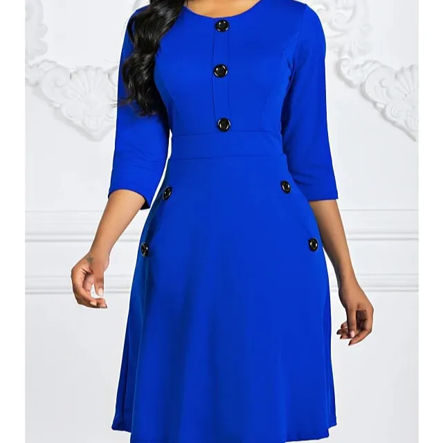 2022 new large size women's Spring autumn solid color dress round neck three-quarter cuff button waist A-line dress