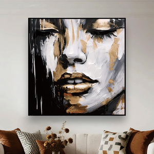 Peintures murales abstraites personnalisées en noir et blanc avec accents dorés, portrait féminin texturé, décoration <span class=keywords><strong>de</strong></span> salon - Product Image 2