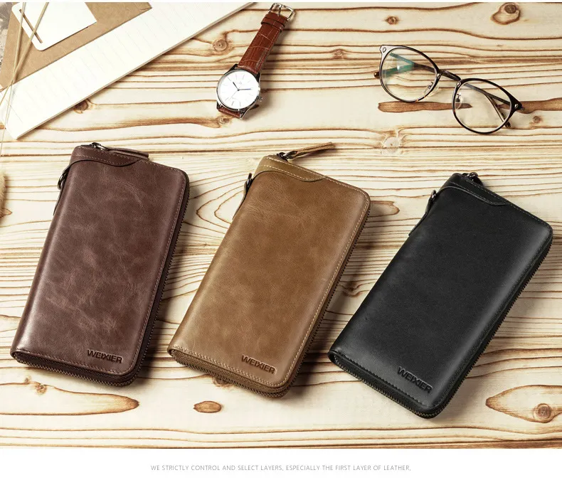 W1152 new vintage cow hide genuine leather male business casual Multi-Card Coin Purse long zipper wallet for men
