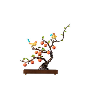 Ornement d'arbre en cuivre et or avec oiseaux et fruits, artisanat métallique fait main pour la décoration du salon - Product Image 5