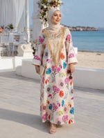 Robe maxi élégante et modeste à imprimé floral intégral avec paillettes et franges, idéale pour l'Aïd et les rassemblements sociaux, en polyester, style abaya.