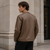 Veste sans col pour homme en similicuir avec fermeture à boutons, poches plaquées, manches longues, style décontracté pour tous les jours, marque privée