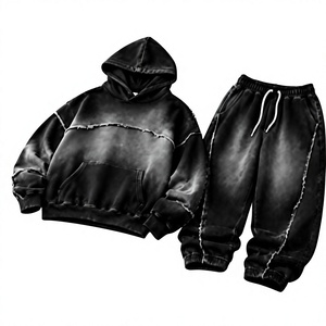 Mens Vintage Acid Wash <b>Black</b> Heavyweight Distressed Pullover Hoodie And Matching Drawstring <b>Joggers</b> Set Two-Piece Casual - Product Image 1