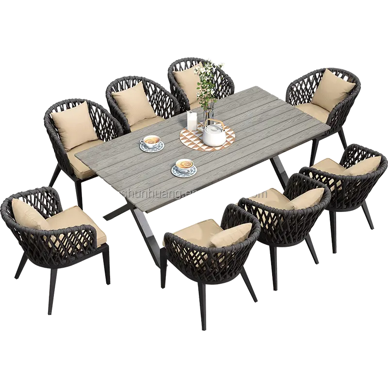 Promotional model outdoor villa furniture party dining set rope webbing chair