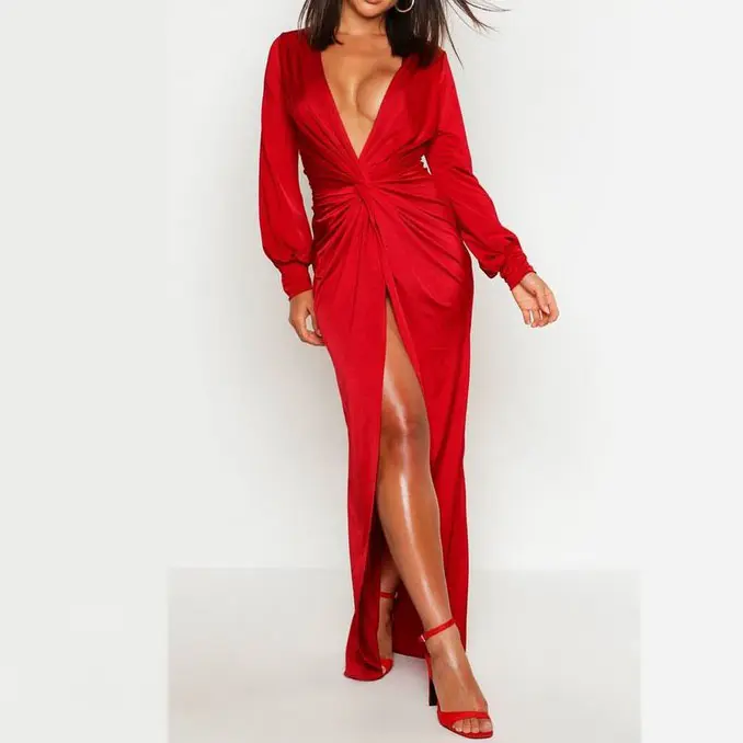 2020 Satin Fashion Twist Front Red Maxi Dress High Quality