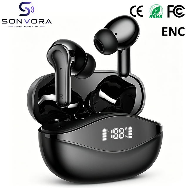 I68 IPX7 Waterproof in Ear Wireless Earbuds, Touch Control, HiFi Stereo ENC Clear Call Earphones with LED Power Display