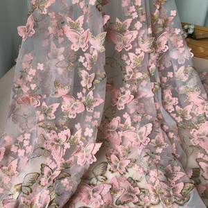 Vải Ren Thêu Hình Bướm Màu Hồng <span class=keywords><strong>3D</strong></span> Cao Cấp, Vải Lưới Thêu - Product Image 1