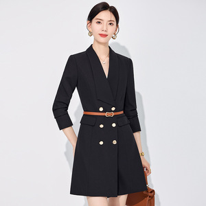 Black Suit Dress Women Long Sleeve Notched Collar Double Button Sheath Career Wear Solid Color Polyester Dress - Product Image 1