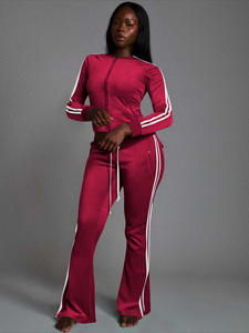 Custom Casual Fluwelen 2-delige Set Dames Outfit Gestreepte Lange Mouwen Rits Cropped Top en Flare Broek Tweedelige Set Dameskleding - Product Image 6