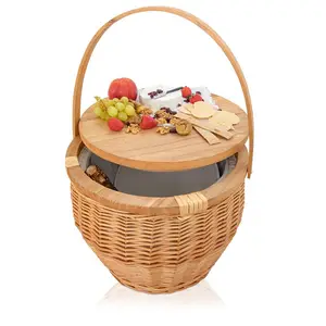 Linshu Factory Round Wine Insulated Cooler Bag Wicker Gift Picnic Basket with wood lid Handle