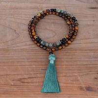 Ensemble collier et bracelet de yoga ethnique transfrontalier de style nouveau, 108 perles en pierre, œil de tigre et turquoise, avec longue pampille