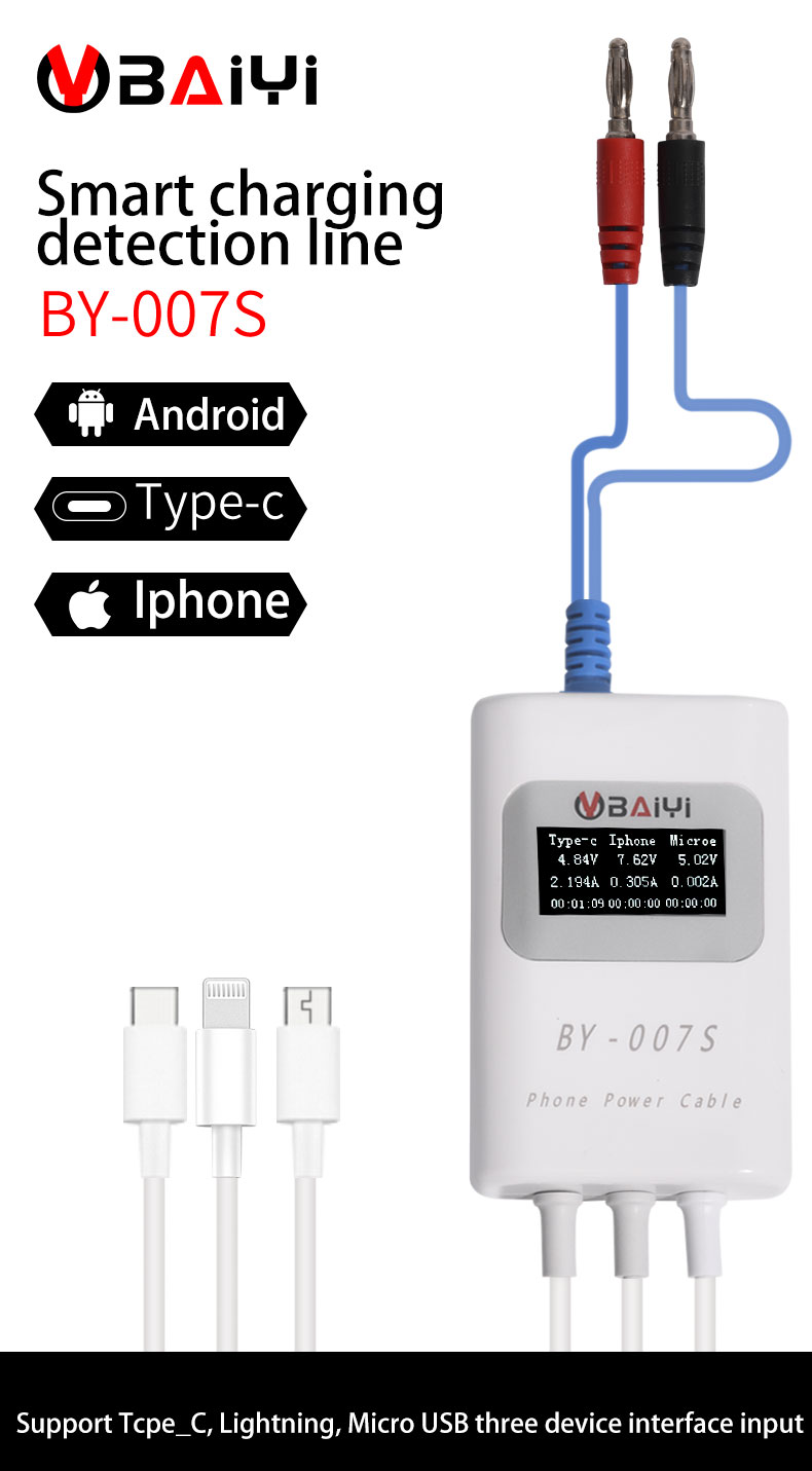 BY-007S Smart Charging Detection Line Cable Support Multiple Fast-charging Protocols TypeC Lightning Micro USB Three Device Tool