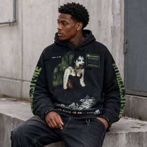 Sweat à capuche zippé pour homme, style hip-hop, effet usé et déchiré, avec logo personnalisé, streetwear vintage, coupe ample et oversize, épais et lourd - Product Image 3