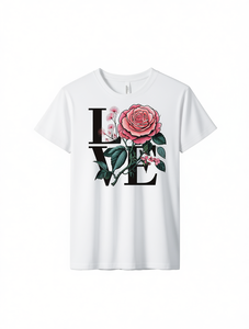 T-shirt da donna bianca con stampa Rose Love Letter, manica corta, girocollo, top casual floreale in jersey di cotone, lavabile in lavatrice - Product Image 1